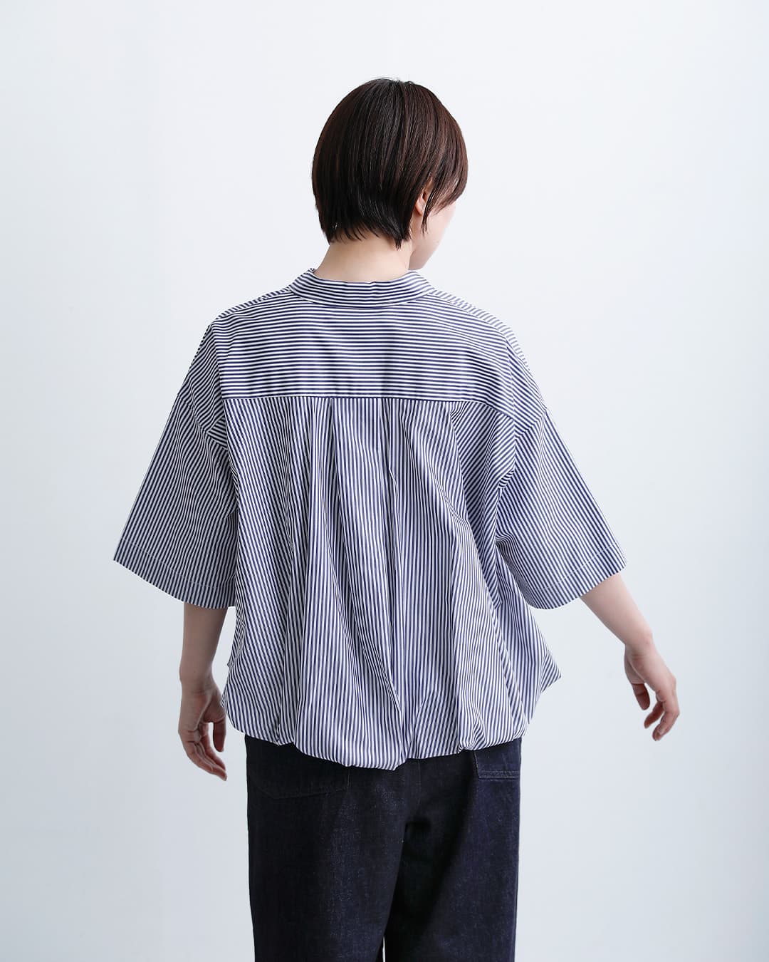 mizuiro indコットン ストライプ ハーフスリーブ バルーン シャツ 2-230129