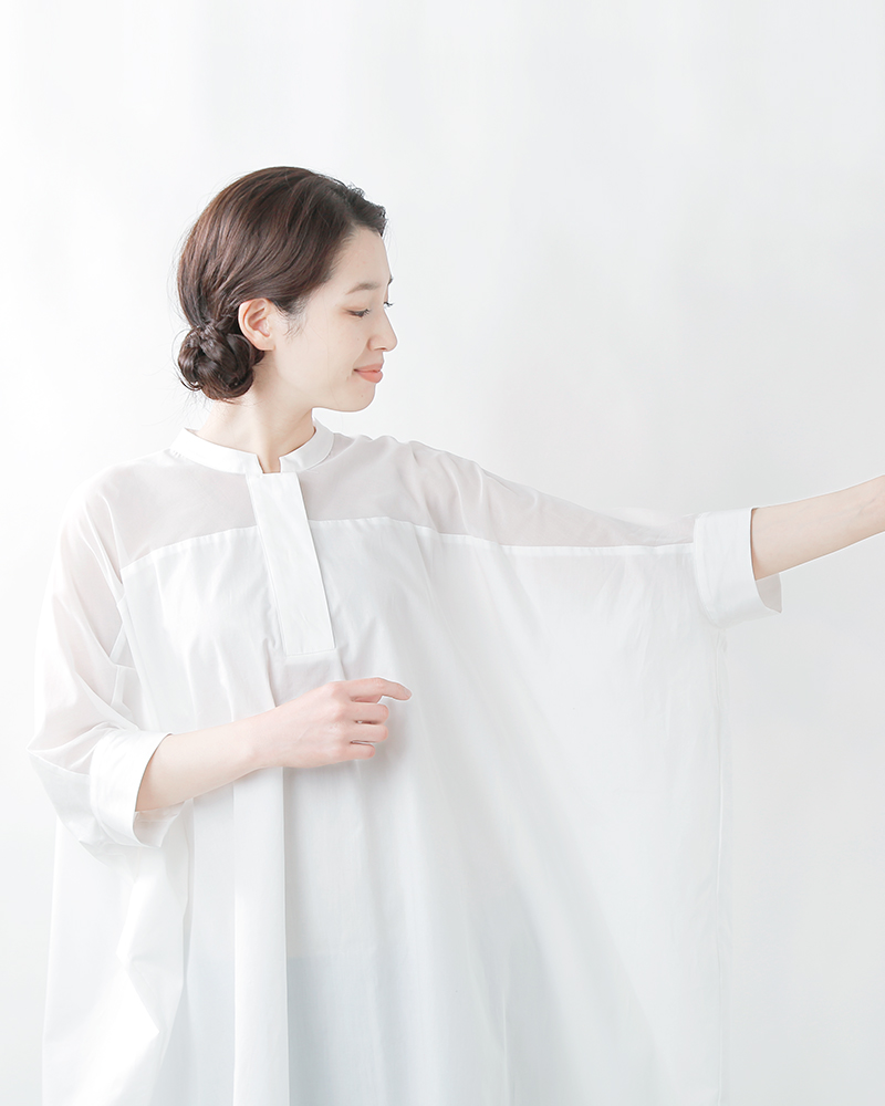 mizuiro-ind(ミズイロインド)コットン布帛スタンドカラーシアーワイドワンピース2-250084