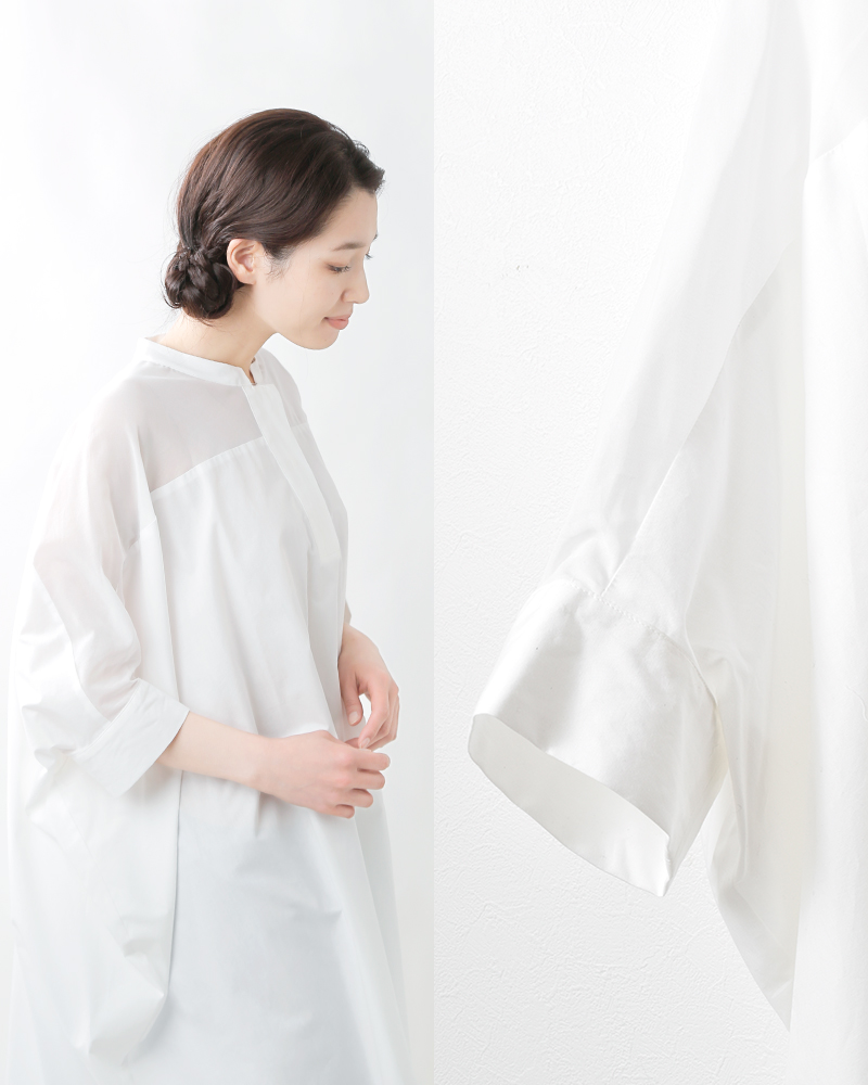 mizuiro-ind(ミズイロインド)コットン布帛スタンドカラーシアーワイドワンピース2-250084