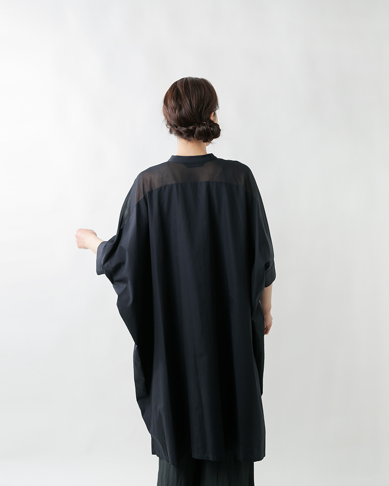 mizuiro-ind(ミズイロインド)コットン布帛スタンドカラーシアーワイドワンピース2-250084