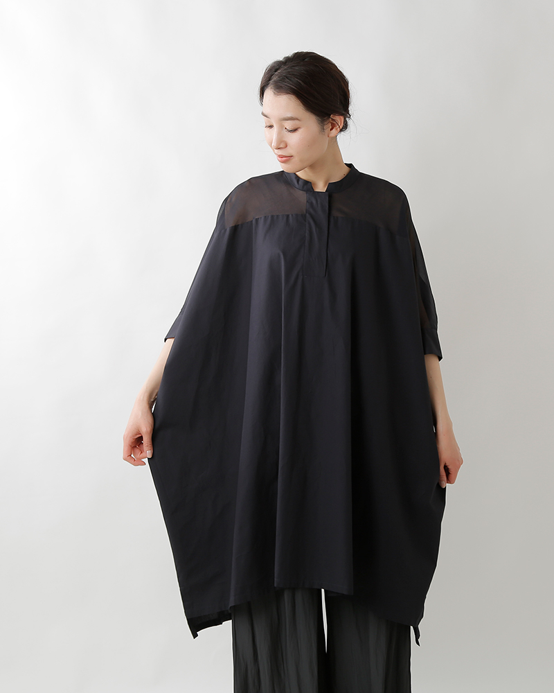 mizuiro-ind(ミズイロインド)コットン布帛スタンドカラーシアーワイドワンピース2-250084