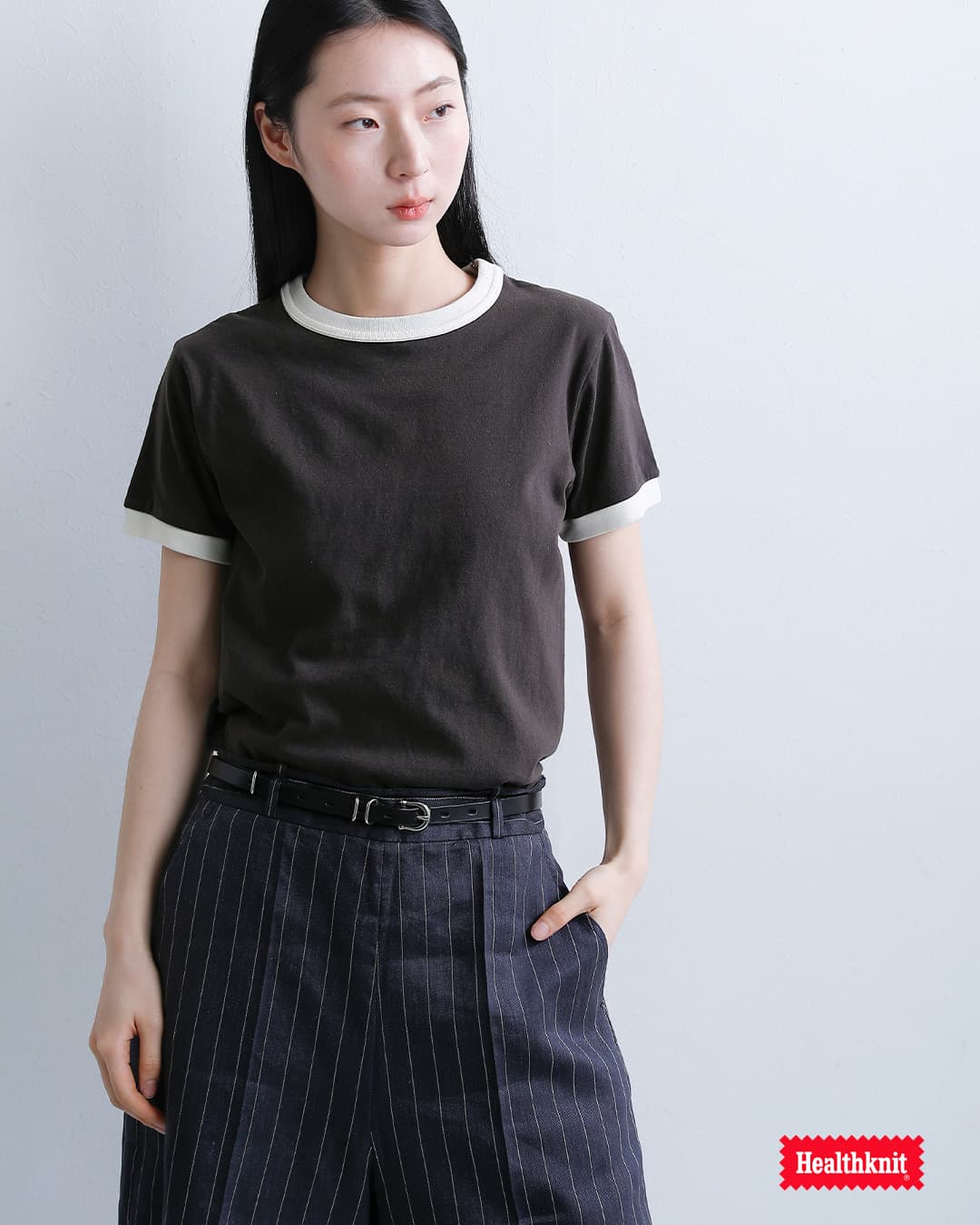Healthknitコットン トンプキンスジャージー リンガー クルーネック 半袖 プルオーバー 219