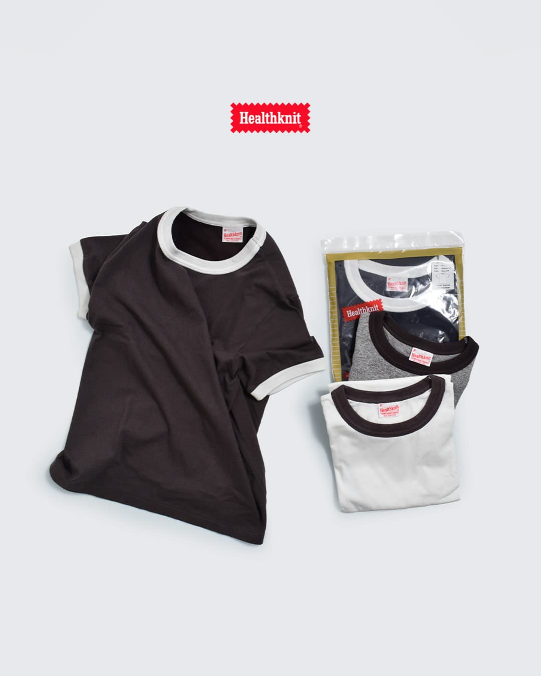 Healthknitコットン トンプキンスジャージー リンガー クルーネック 半袖 プルオーバー 219