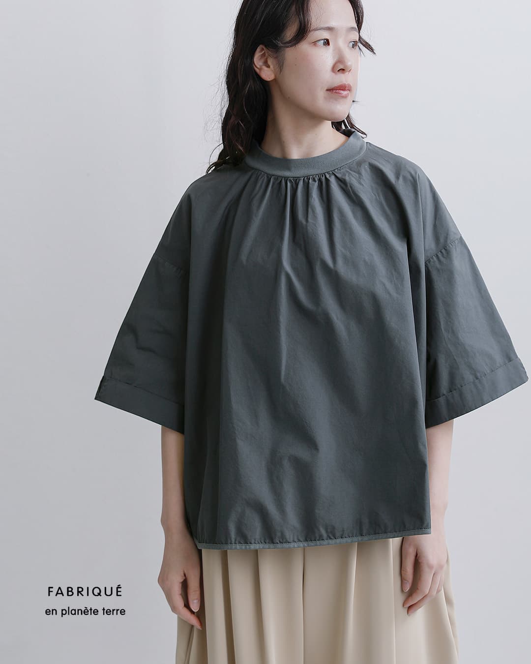 fabrique en planete terreコットン コンビ モックネック 6分袖Tシャツ 261-022