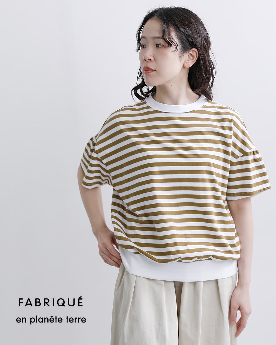 fabrique en planete terre(ファブリケ アン プラネテール)コットン ボーダー ギャザー 半袖Tシャツ 261-033