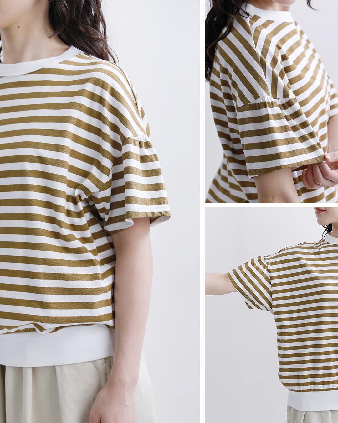 fabrique en planete terre(ファブリケ アン プラネテール)コットン ボーダー ギャザー 半袖Tシャツ 261-033