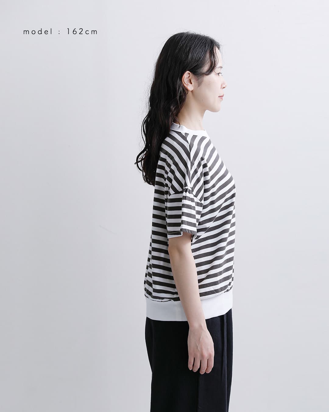 fabrique en planete terre(ファブリケ アン プラネテール)コットン ボーダー ギャザー 半袖Tシャツ 261-033