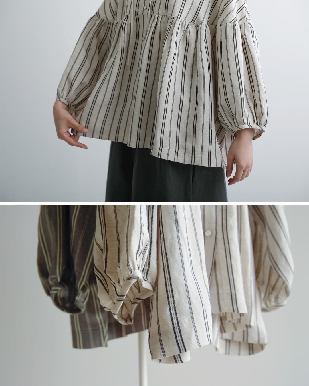 fabrique en planete terre(ファブリケ アン プラネテール)マルチストライプ 9分袖 ギャザー ブラウス 261-107