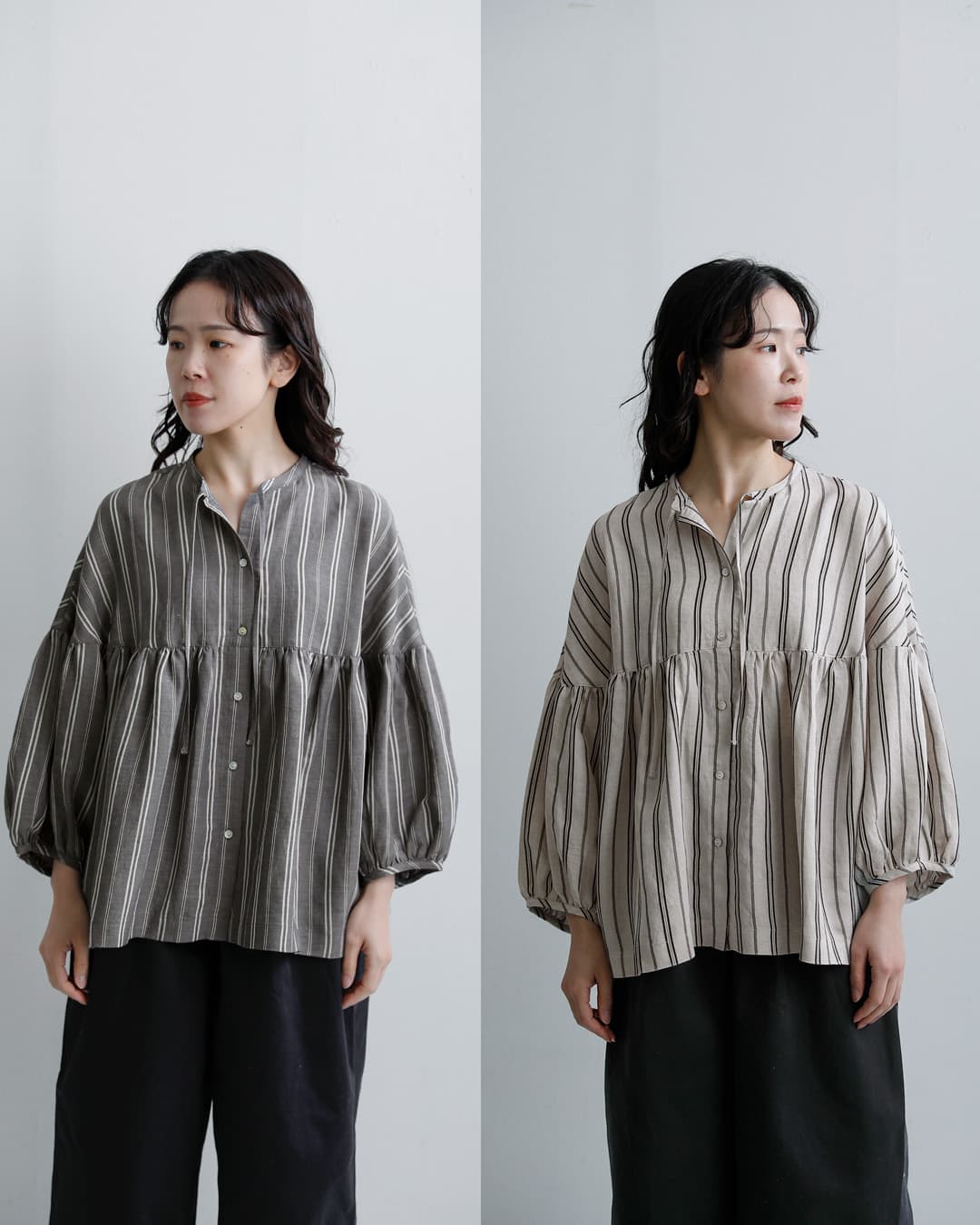 fabrique en planete terre(ファブリケ アン プラネテール)マルチストライプ 9分袖 ギャザー ブラウス 261-107