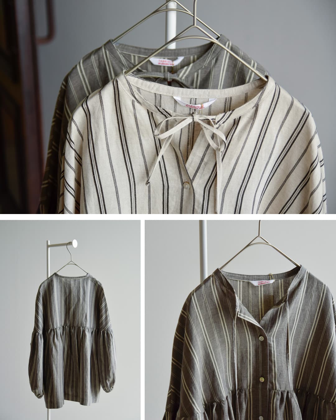 fabrique en planete terre(ファブリケ アン プラネテール)マルチストライプ 9分袖 ギャザー ブラウス 261-107