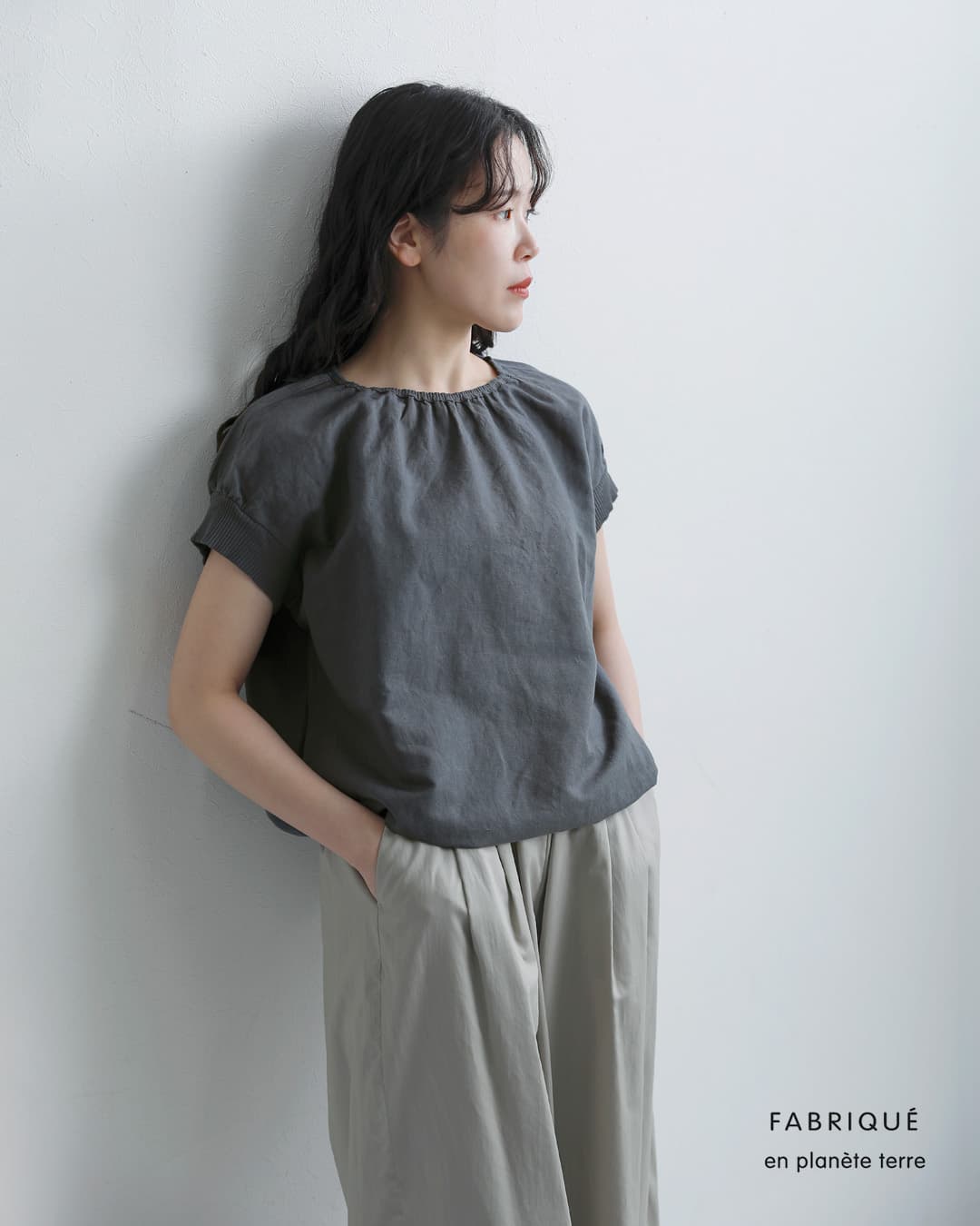 fabrique en planete terre(ファブリケ アン プラネテール)リネン コンビ キャップスリーブ プルオーバー シャツ 261-122