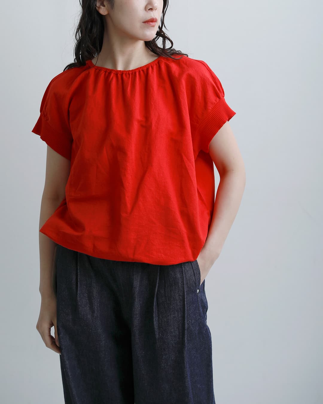 fabrique en planete terre(ファブリケ アン プラネテール)リネン コンビ キャップスリーブ プルオーバー シャツ 261-122