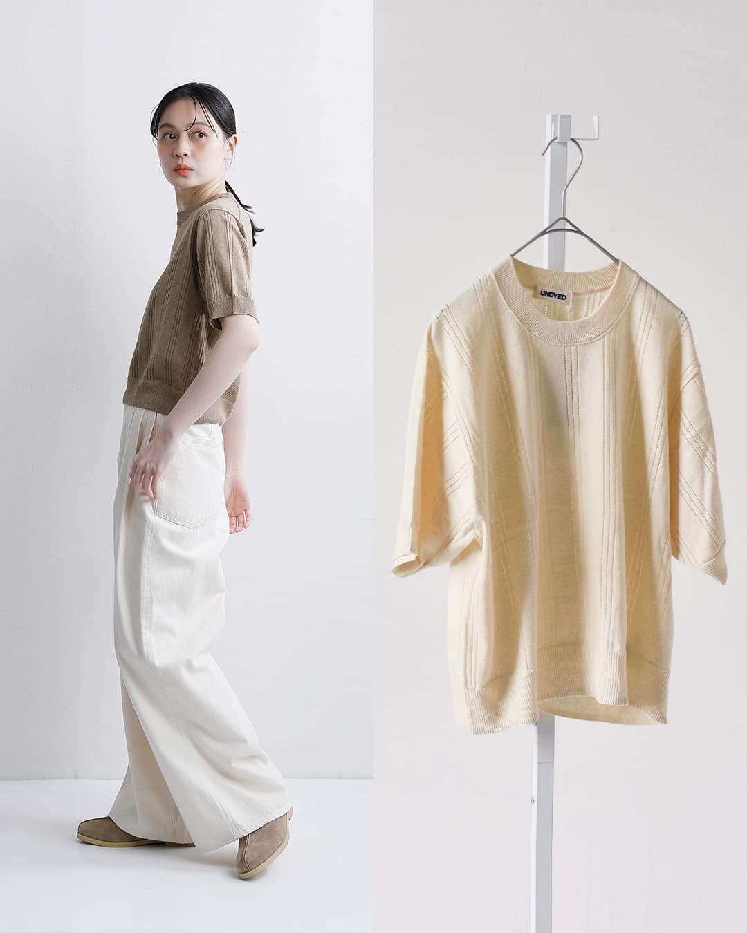 UNDYED(アンダイド)カラードオーガニックコットン アイレットストライプニット 半袖Tシャツ 26s372