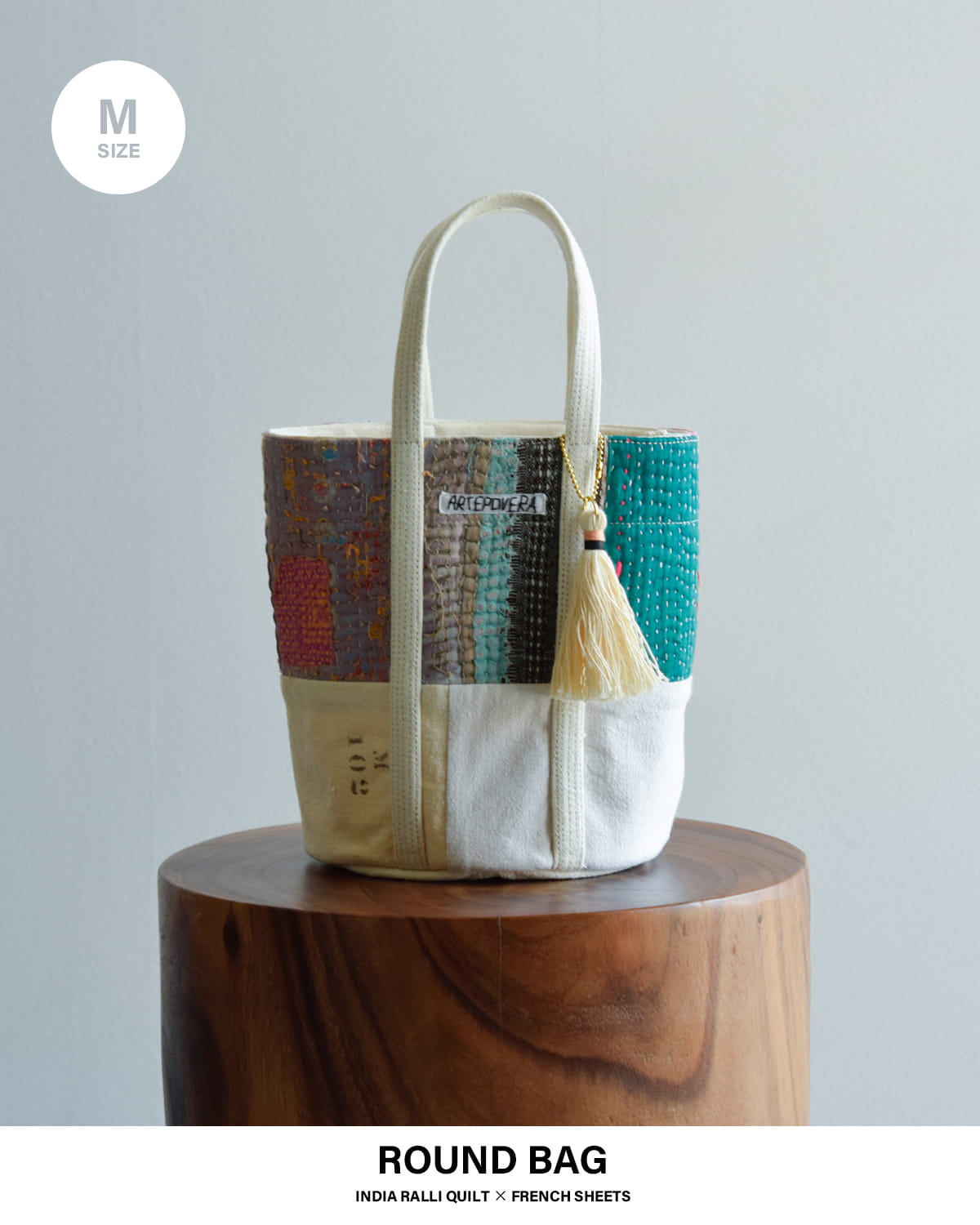 ARTE POVERAコットンリネン インドキルトラリー フランスシーツMIX ラウンドバッグ Mサイズ 26sp47
