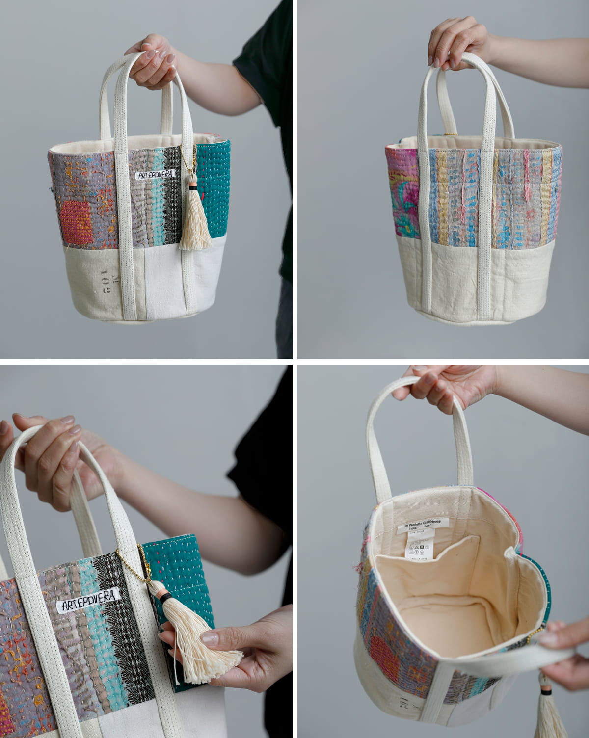 ARTE POVERAコットンリネン インドキルトラリー フランスシーツMIX ラウンドバッグ Mサイズ 26sp47