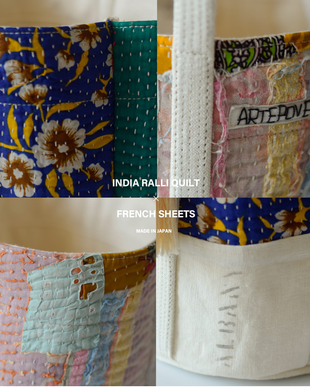 ARTE POVERAコットンリネン インドキルトラリー フランスシーツMIX ラウンドバッグ Mサイズ 26sp47