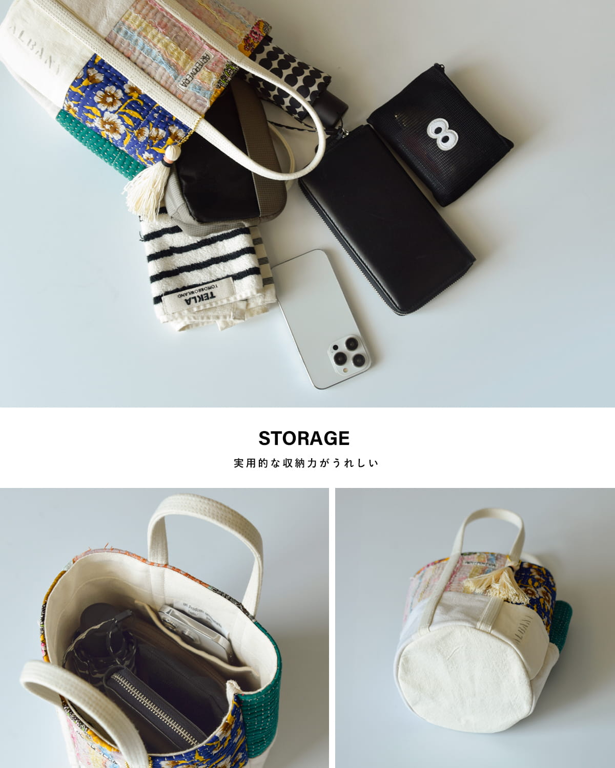 ARTE POVERAコットンリネン インドキルトラリー フランスシーツMIX ラウンドバッグ Mサイズ 26sp47