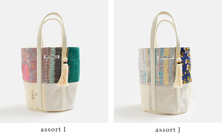 ARTE POVERAコットンリネン インドキルトラリー フランスシーツMIX ラウンドバッグ Mサイズ 26sp47