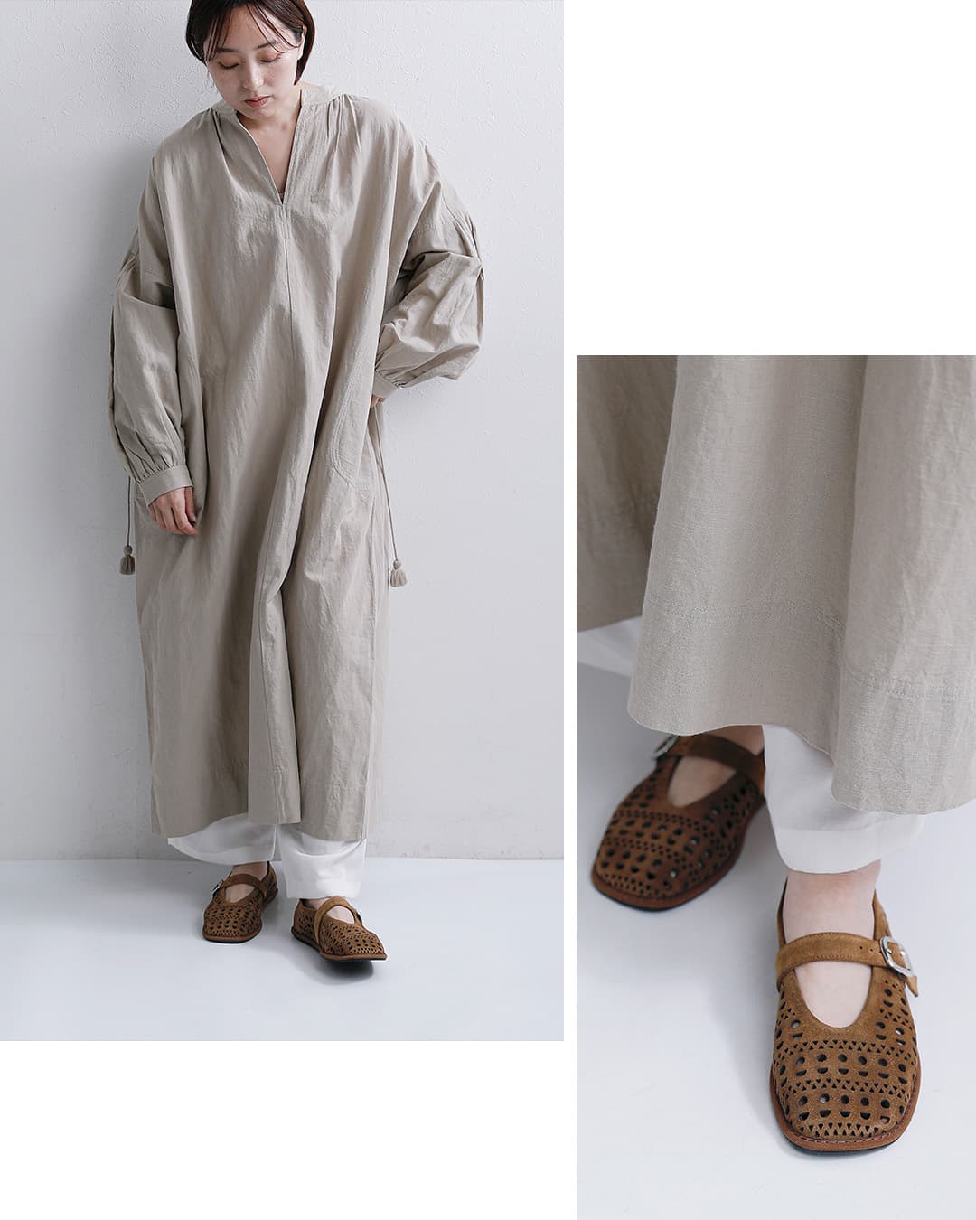 GRAIN(グレイン)カウレザー レースデザイン ストラップフラットシューズ 26ssgr009