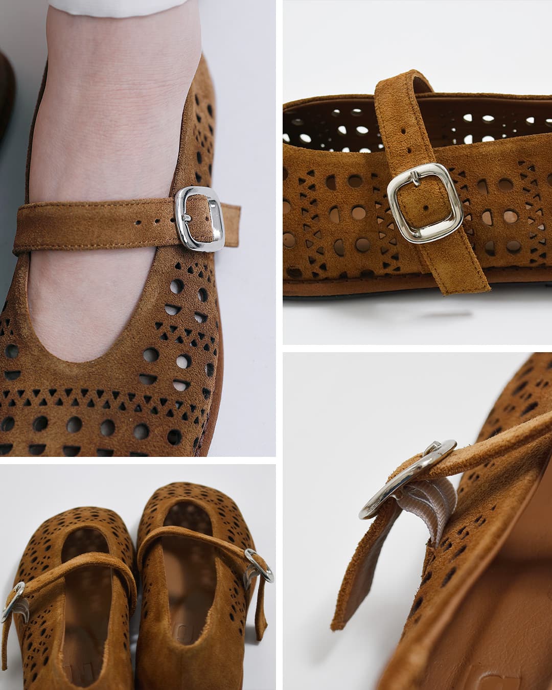 GRAIN(グレイン)カウレザー レースデザイン ストラップフラットシューズ 26ssgr009