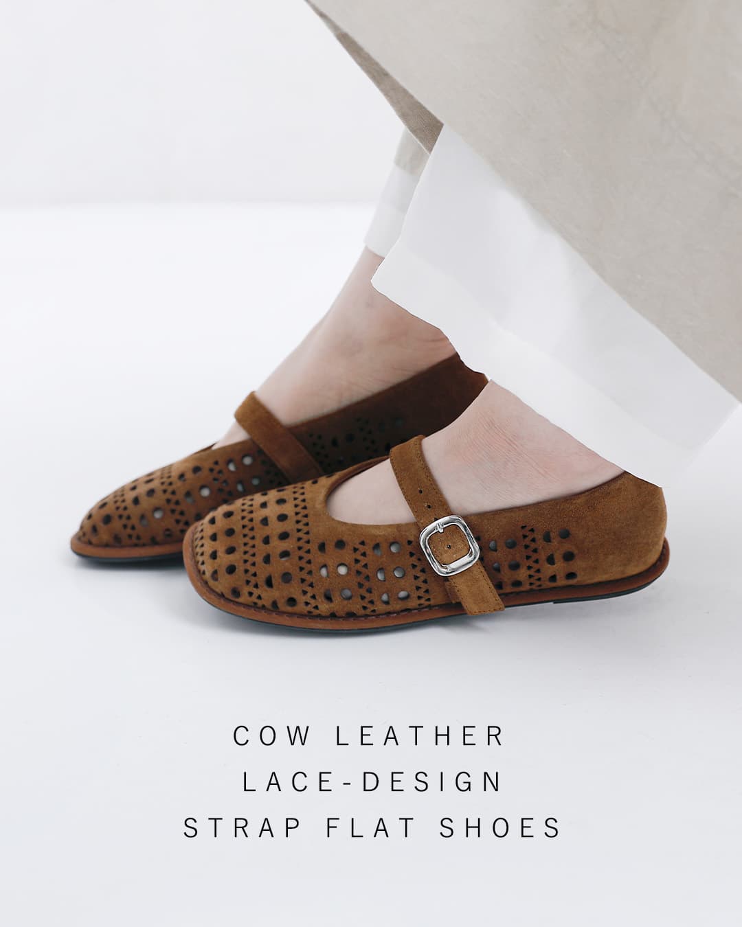 GRAIN(グレイン)カウレザー レースデザイン ストラップフラットシューズ 26ssgr009