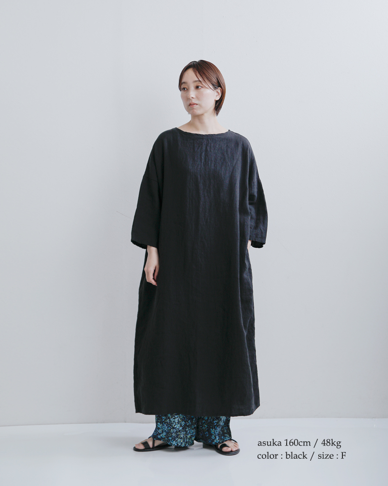 TRAVAIL MANUEL(トラバイユマニュアル)フレンチリネンキャンバス7分袖ロングワンピース3016