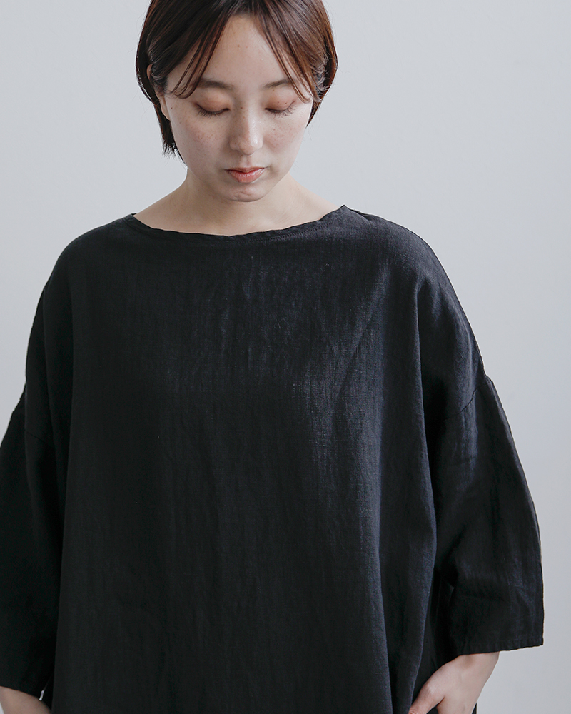 TRAVAIL MANUEL(トラバイユマニュアル)フレンチリネンキャンバス7分袖ロングワンピース3016