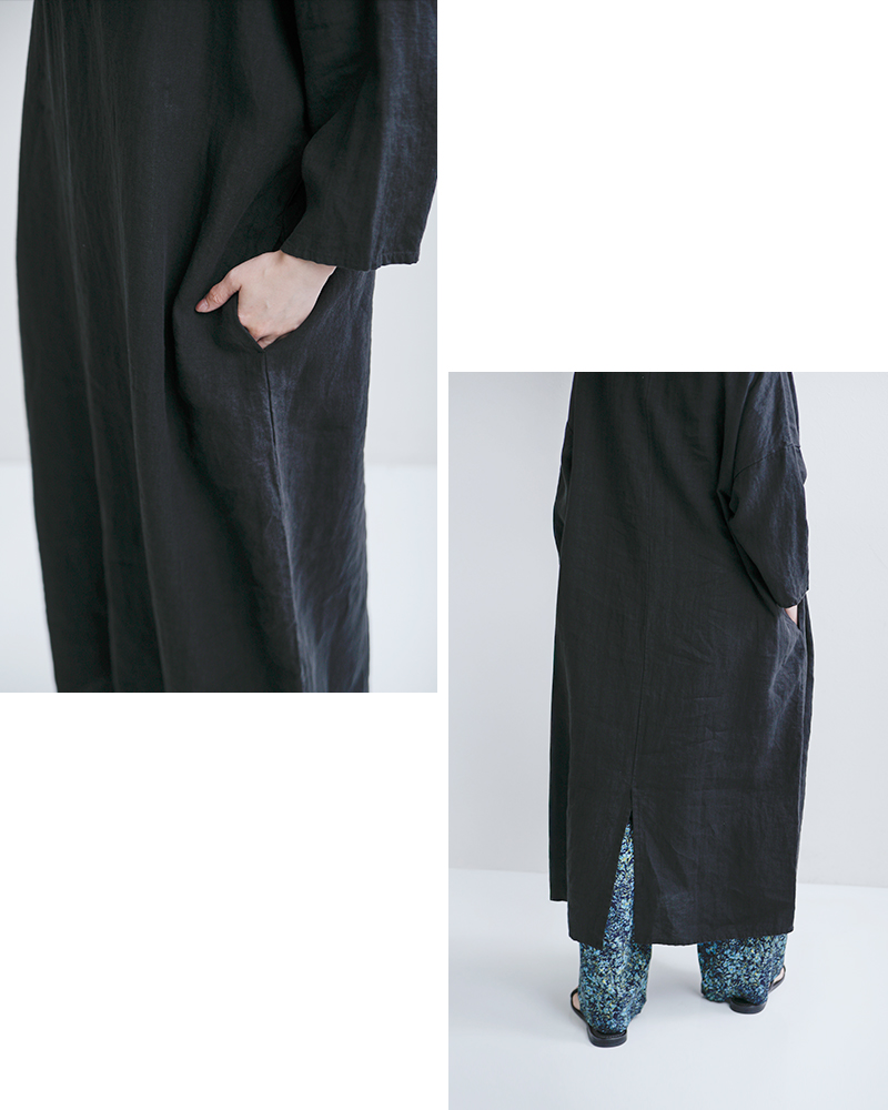 TRAVAIL MANUEL(トラバイユマニュアル)フレンチリネンキャンバス7分袖ロングワンピース3016