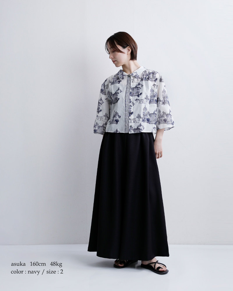 bon vieux temps(ボンビュータン)コットンローン オリジナルプリント シャツカラー ハーフスリーブ ブラウス 31199