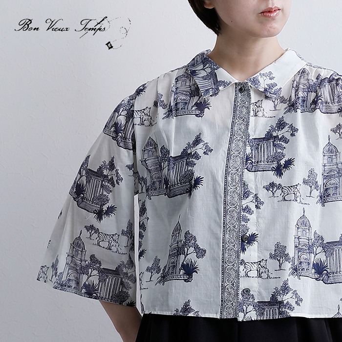 bon vieux temps(ボンビュータン)コットンローン オリジナルプリント シャツカラー ハーフスリーブ ブラウス 31199