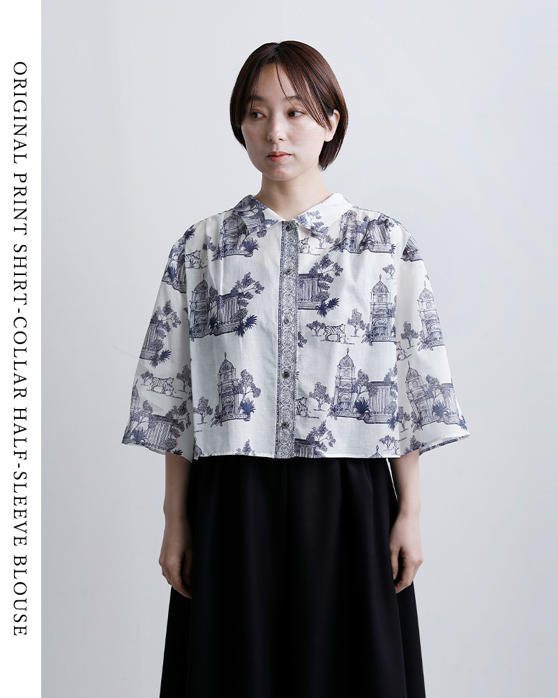 bon vieux temps(ボンビュータン)コットンローン オリジナルプリント シャツカラー ハーフスリーブ ブラウス 31199