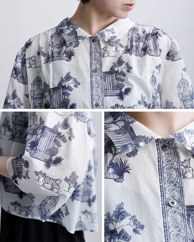 bon vieux temps(ボンビュータン)コットンローン オリジナルプリント シャツカラー ハーフスリーブ ブラウス 31199