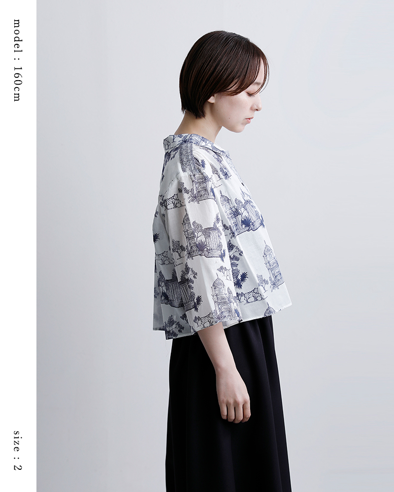 bon vieux temps(ボンビュータン)コットンローン オリジナルプリント シャツカラー ハーフスリーブ ブラウス 31199