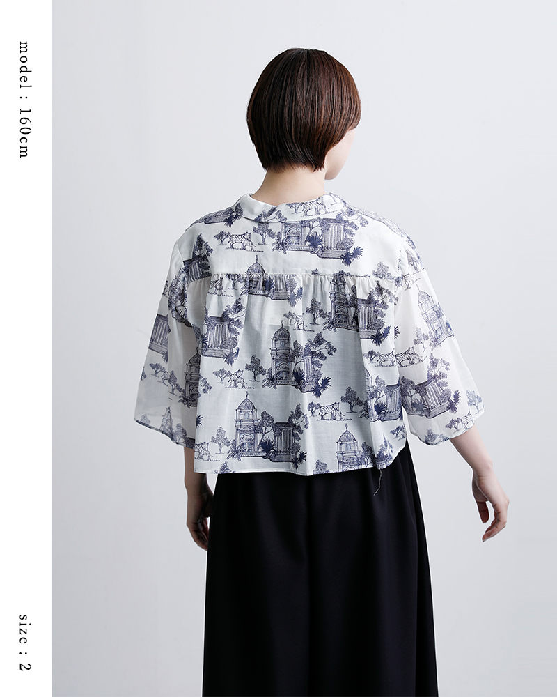 bon vieux temps(ボンビュータン)コットンローン オリジナルプリント シャツカラー ハーフスリーブ ブラウス 31199