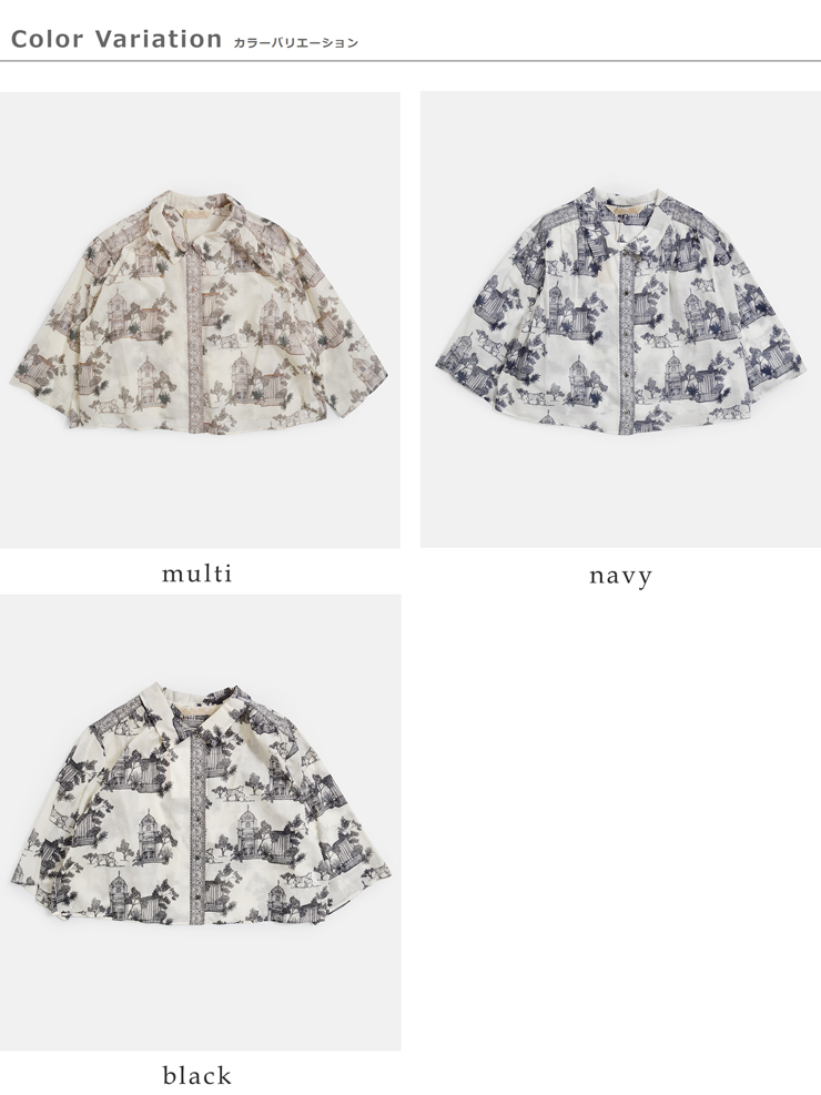 bon vieux temps(ボンビュータン)コットンローン オリジナルプリント シャツカラー ハーフスリーブ ブラウス 31199