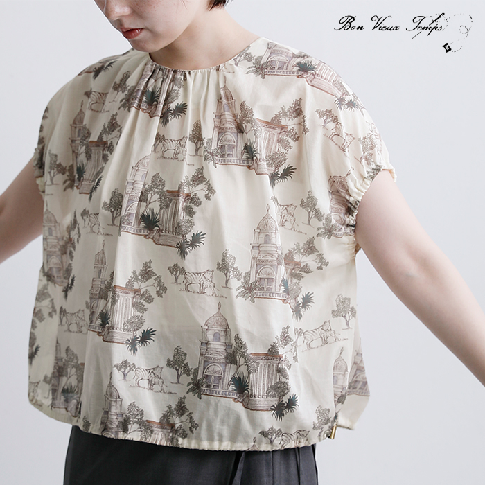 bon vieux temps(ボンビュータン)コットンローン オリジナルプリント ショートスリーブ ブラウス 33779
