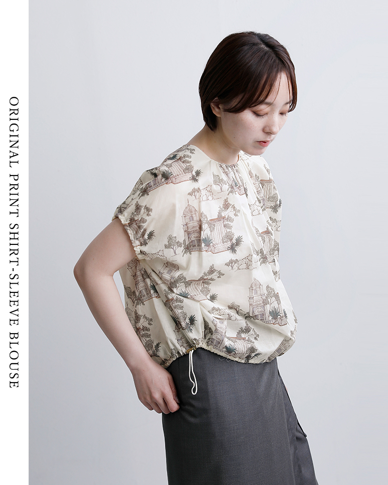 bon vieux temps(ボンビュータン)コットンローン オリジナルプリント ショートスリーブ ブラウス 33779