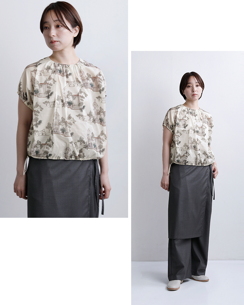 bon vieux temps(ボンビュータン)コットンローン オリジナルプリント ショートスリーブ ブラウス 33779