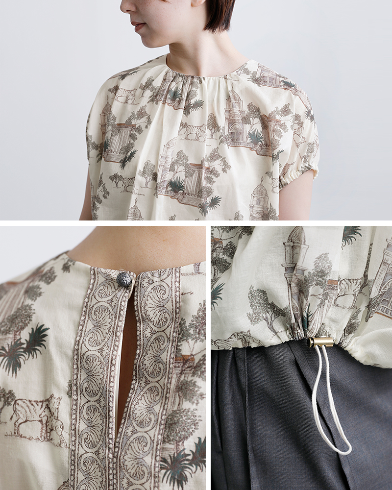 bon vieux temps(ボンビュータン)コットンローン オリジナルプリント ショートスリーブ ブラウス 33779