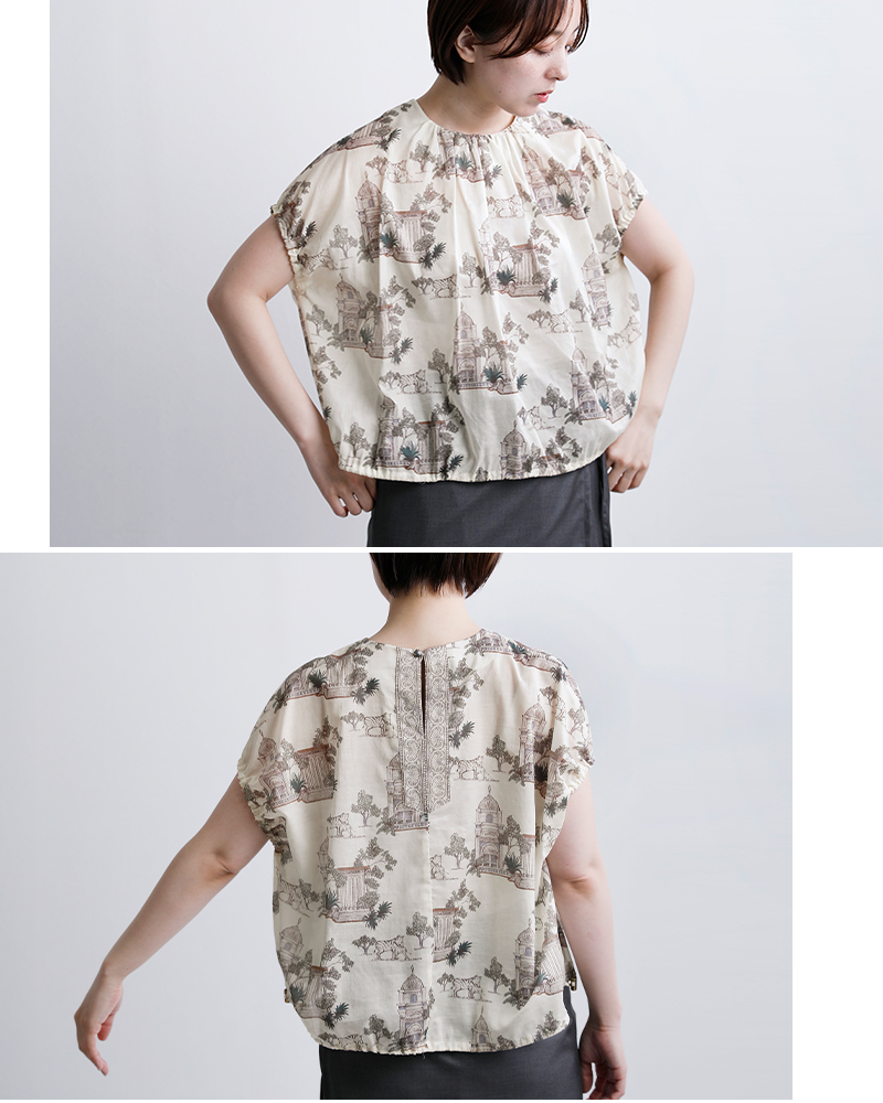 bon vieux temps(ボンビュータン)コットンローン オリジナルプリント ショートスリーブ ブラウス 33779