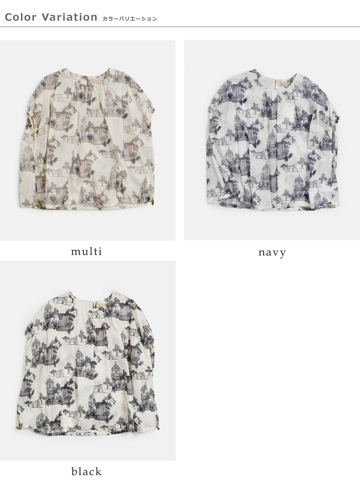 bon vieux temps(ボンビュータン)コットンローン オリジナルプリント ショートスリーブ ブラウス 33779