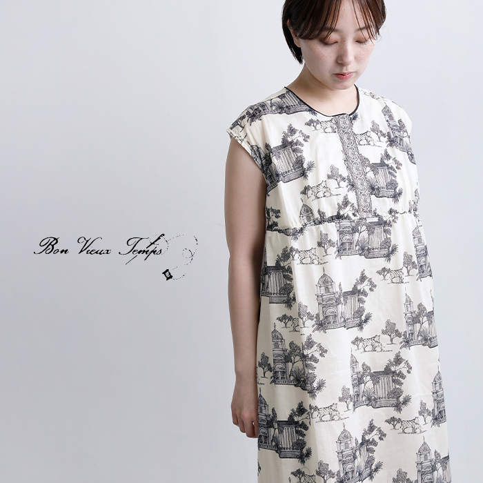 bon vieux temps(ボンビュータン)コットンローン オリジナルプリント ワンピース ドレス 48087