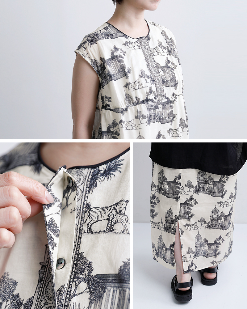 bon vieux temps(ボンビュータン)コットンローン オリジナルプリント ワンピース ドレス 48087