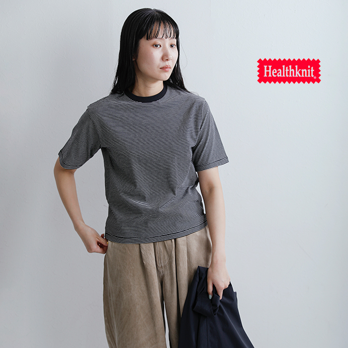 Healthknitコットン ボーダー ジャージー クルーネック 半袖 プルオーバー 51015-49