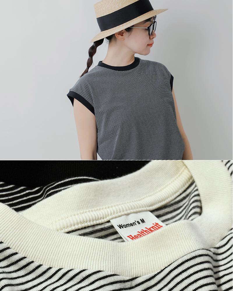 Healthknitコットン ボーダー ジャージー クルーネック スリーブレス プルオーバー 51016-50
