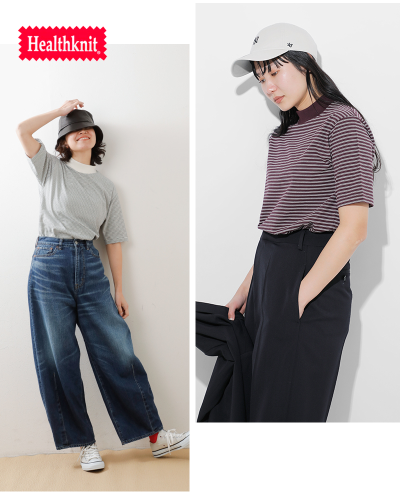 Healthknit(ヘルスニット)ナローボーダージャージーモックネックハーフスリーブプルオーバー51019