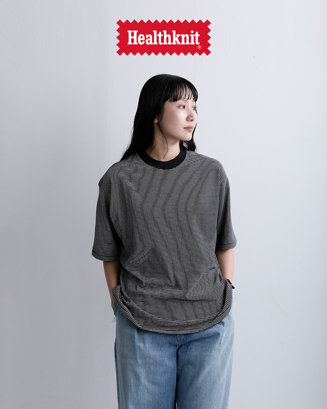 Healthknitコットン ボーダー ジャージー ワイド クルーネック 半袖 プルオーバー 51033-51047