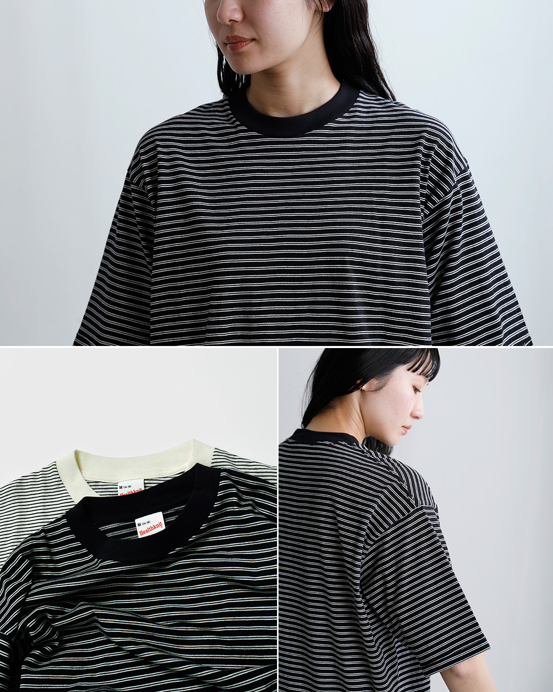 Healthknitコットン ボーダー ジャージー ワイド クルーネック 半袖 プルオーバー 51033-51047