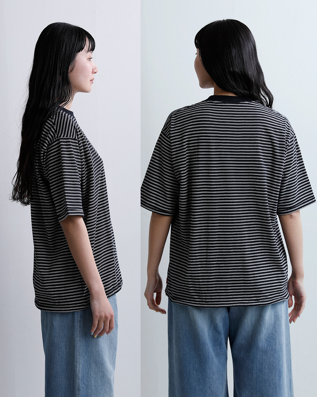 Healthknitコットン ボーダー ジャージー ワイド クルーネック 半袖 プルオーバー 51033-51047