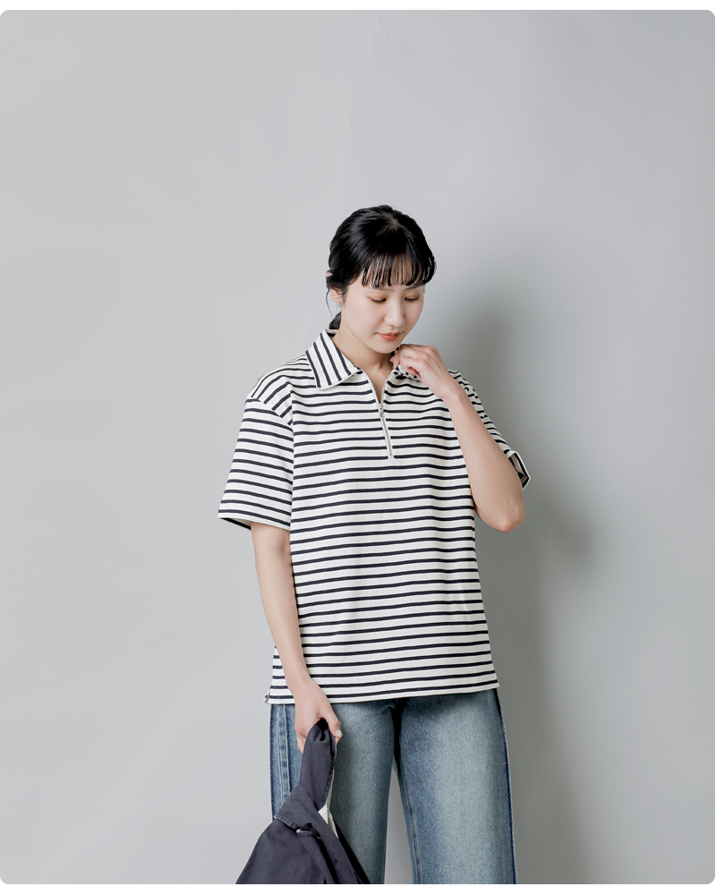 SCYE BASICS�R�b�g�� �X�g���C�v �n�[�t�W�b�v T�V���c Cotton Striped Half Zip T-Shirt 5726-21721